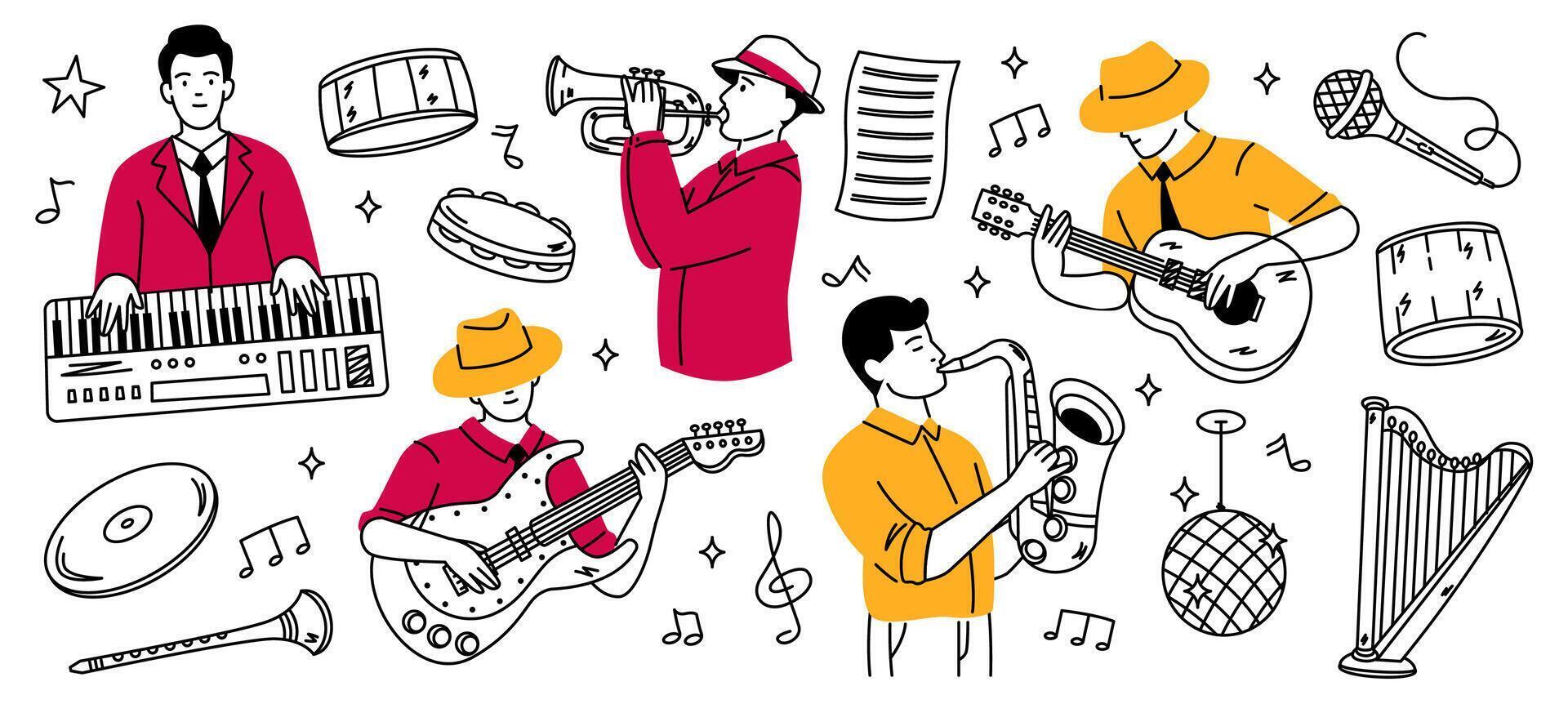Doodle musicians. Cartoon jazz instruments and players, musicians playing music, jazz orchestra sketch with guitar piano saxophone trumpet percussion. musician isolated set vector