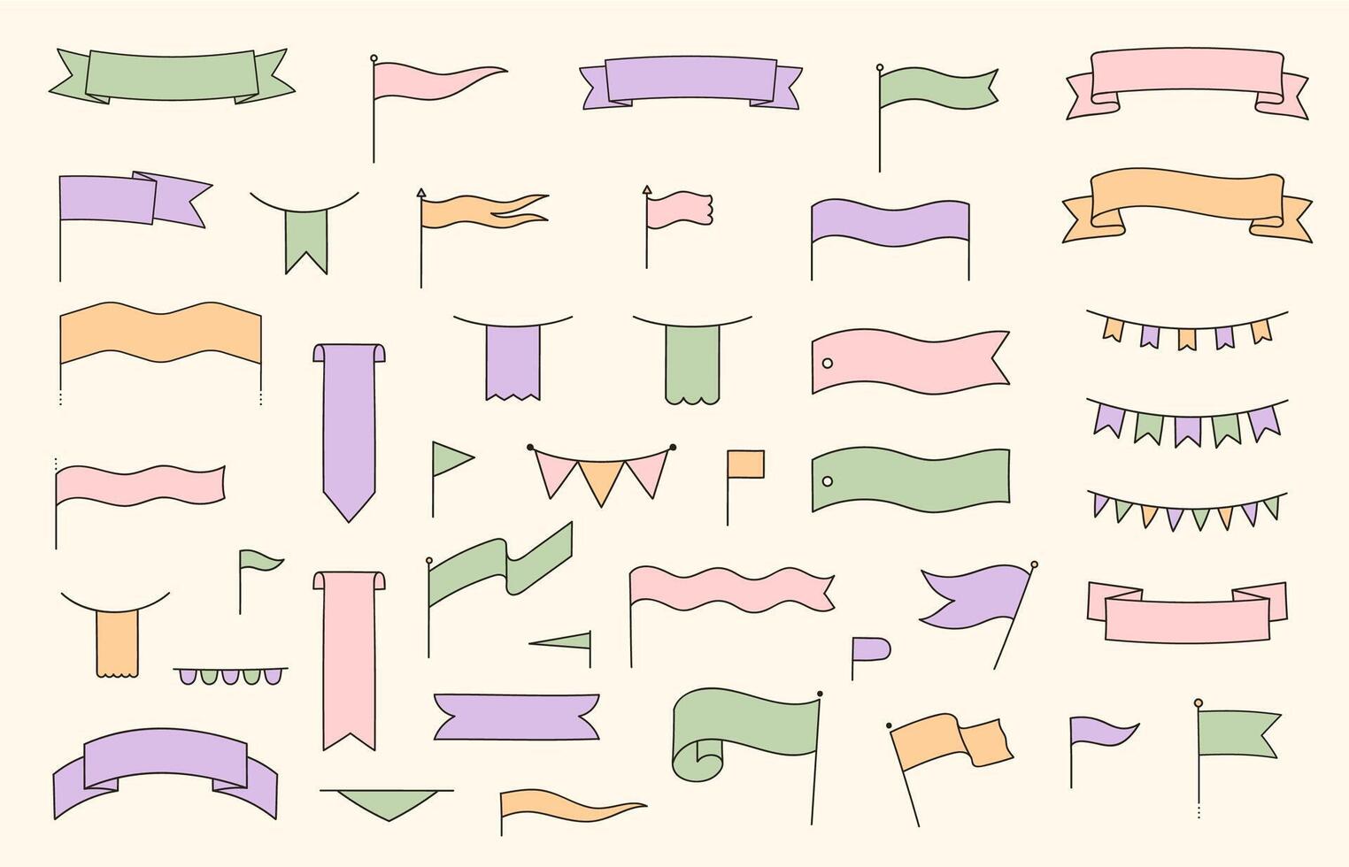 Cute title flag. Cartoon ribbon banner colorful empty speech bubble, funny flags with text space for message, party decoration elements. isolated set vector