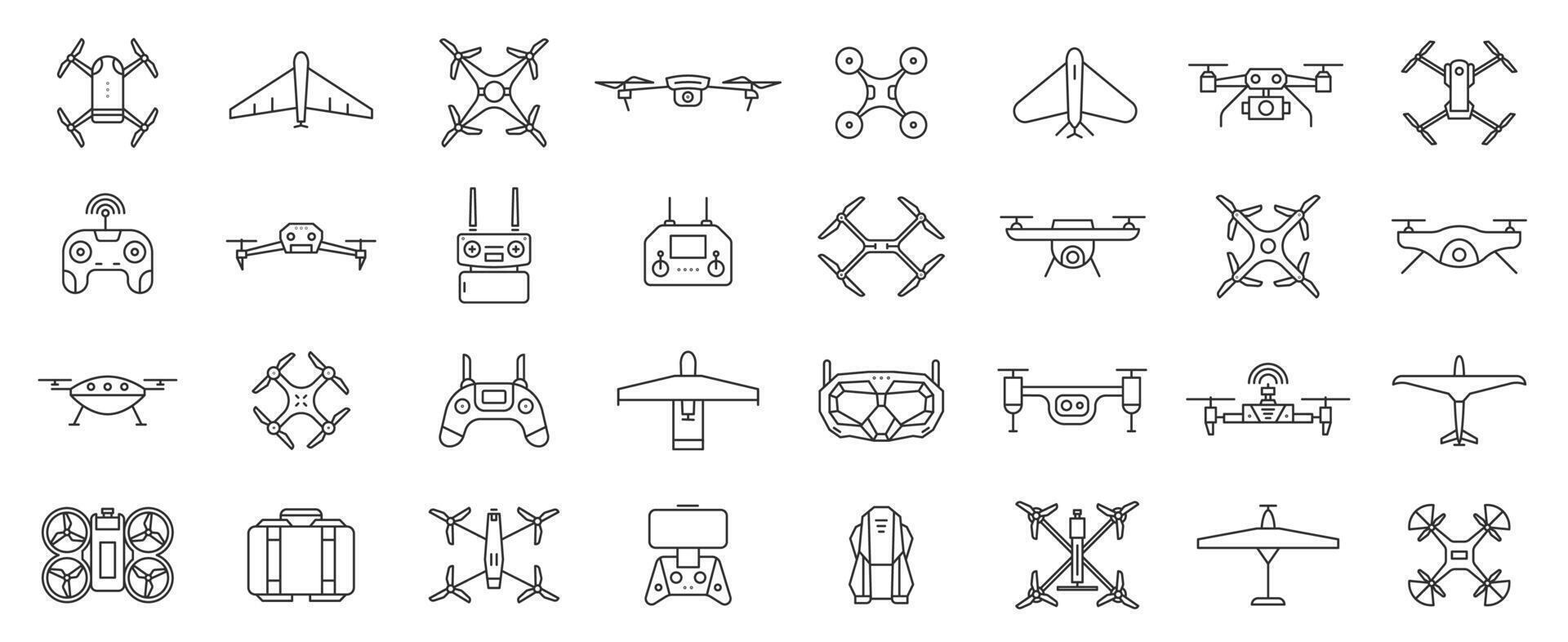 Drone line icons. Aviation unmanned controlled aircraft with camera, copter drones with wireless control, battery and propellers. set of flying robot drone vehicles vector