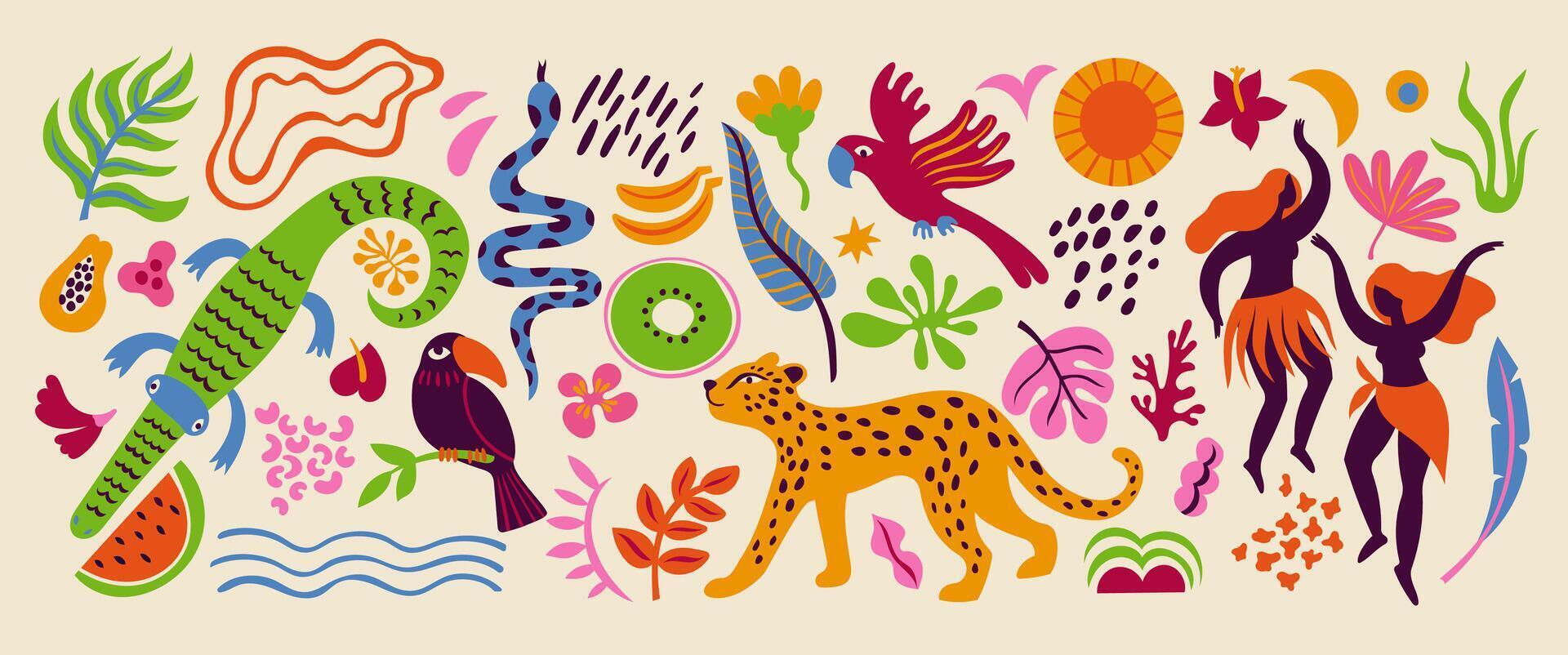 Abstract tropical organic elements. Summer shapes exotic floral geometric figures, modern nature doodle summer textures, jungle floral minimalistic icons. set vector