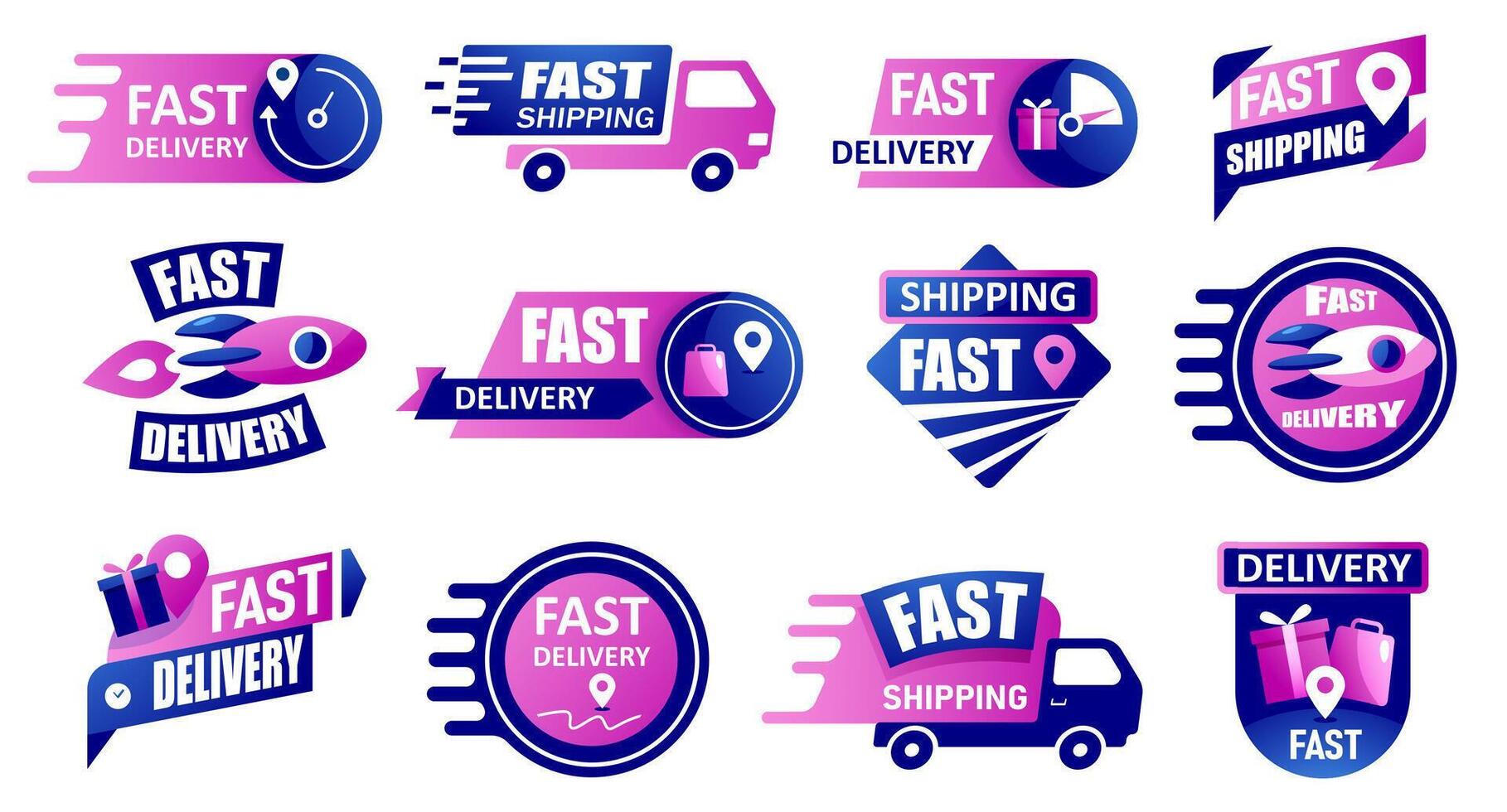 Free shipping emblem. Delivery service badge with truck, rocket, cargo and zero price tag, fast and free shipment promotion stickers. delivery icon set vector