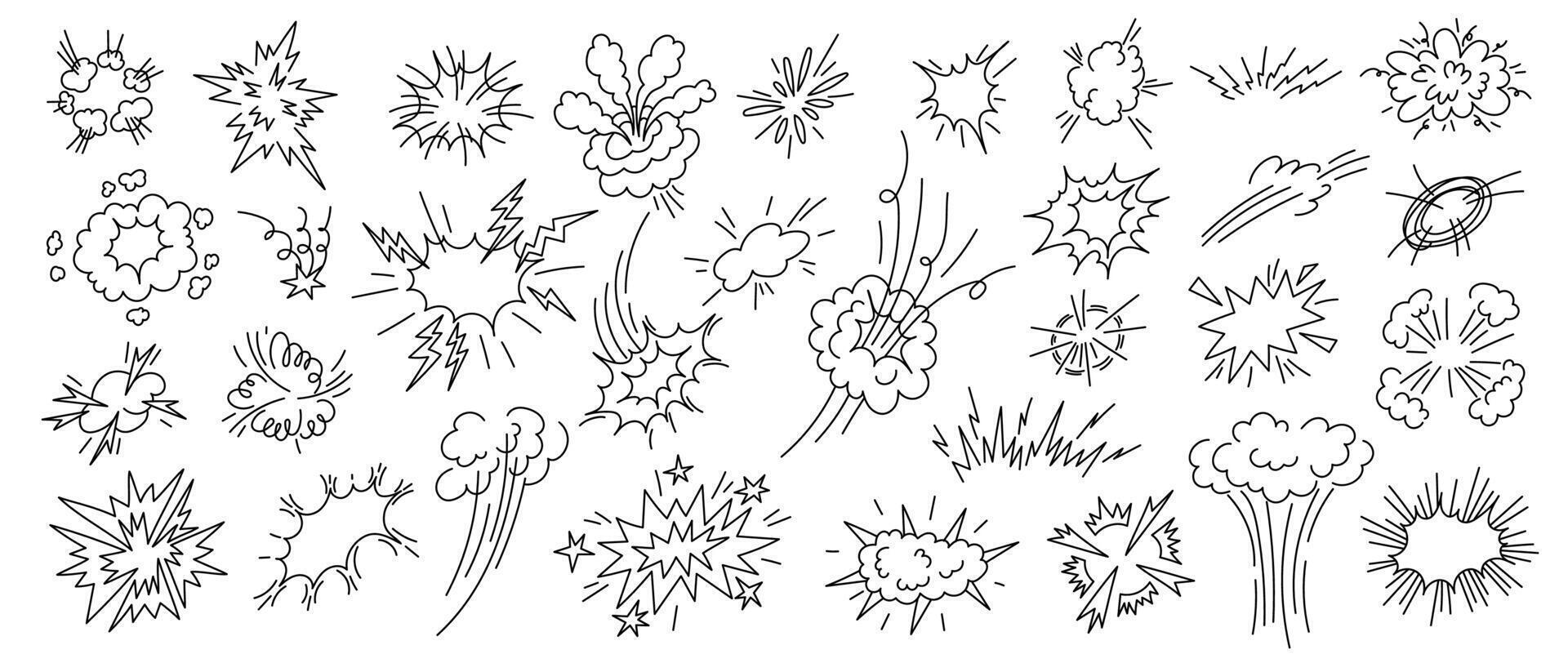 Doodle explosion effect. Comic impact and speed line energy blast and power pop game asset, manga fire smoke and crash pop action. hand drawn bang and boom graphic set vector