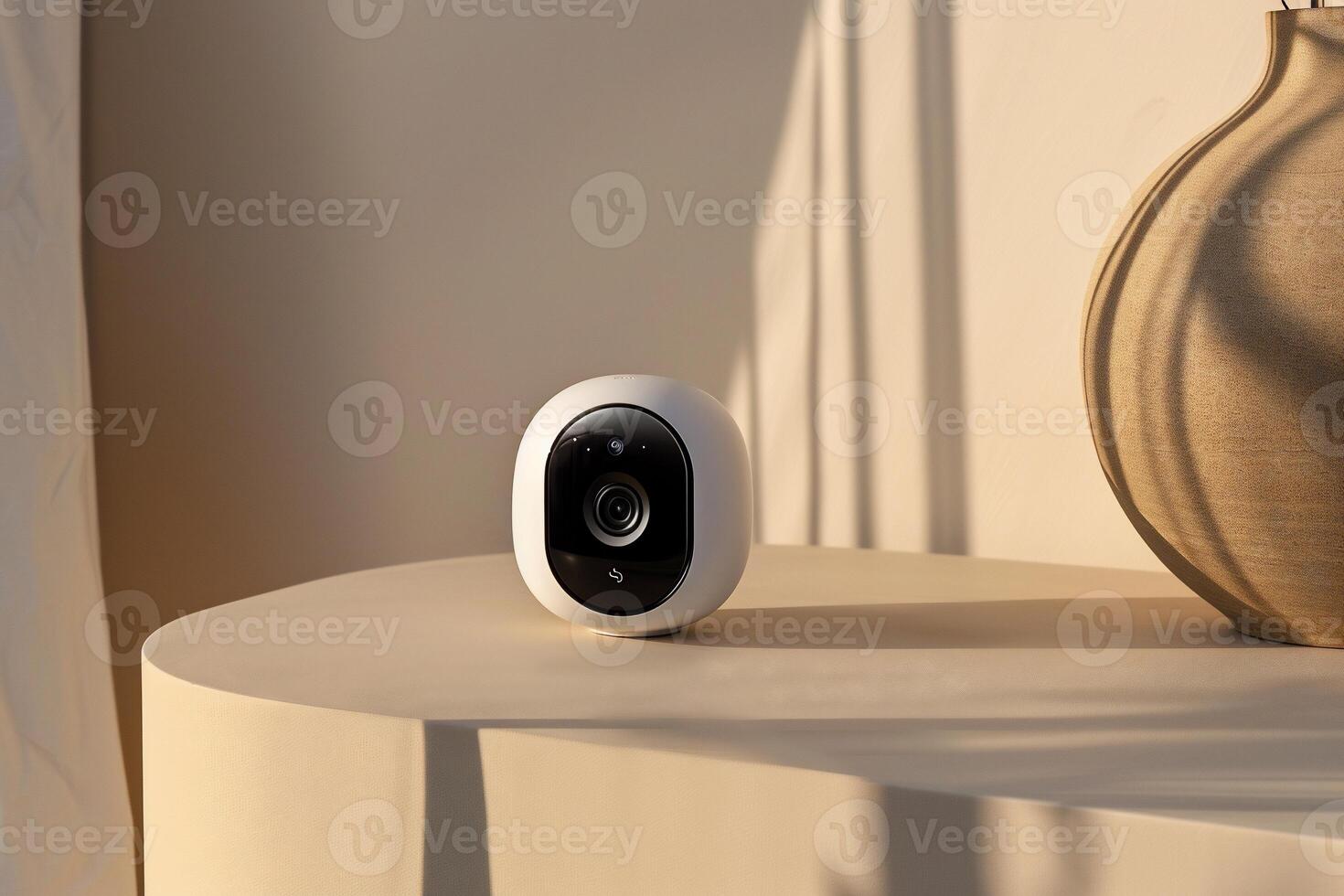 A smart home camera sitting on a table next to a vase photo