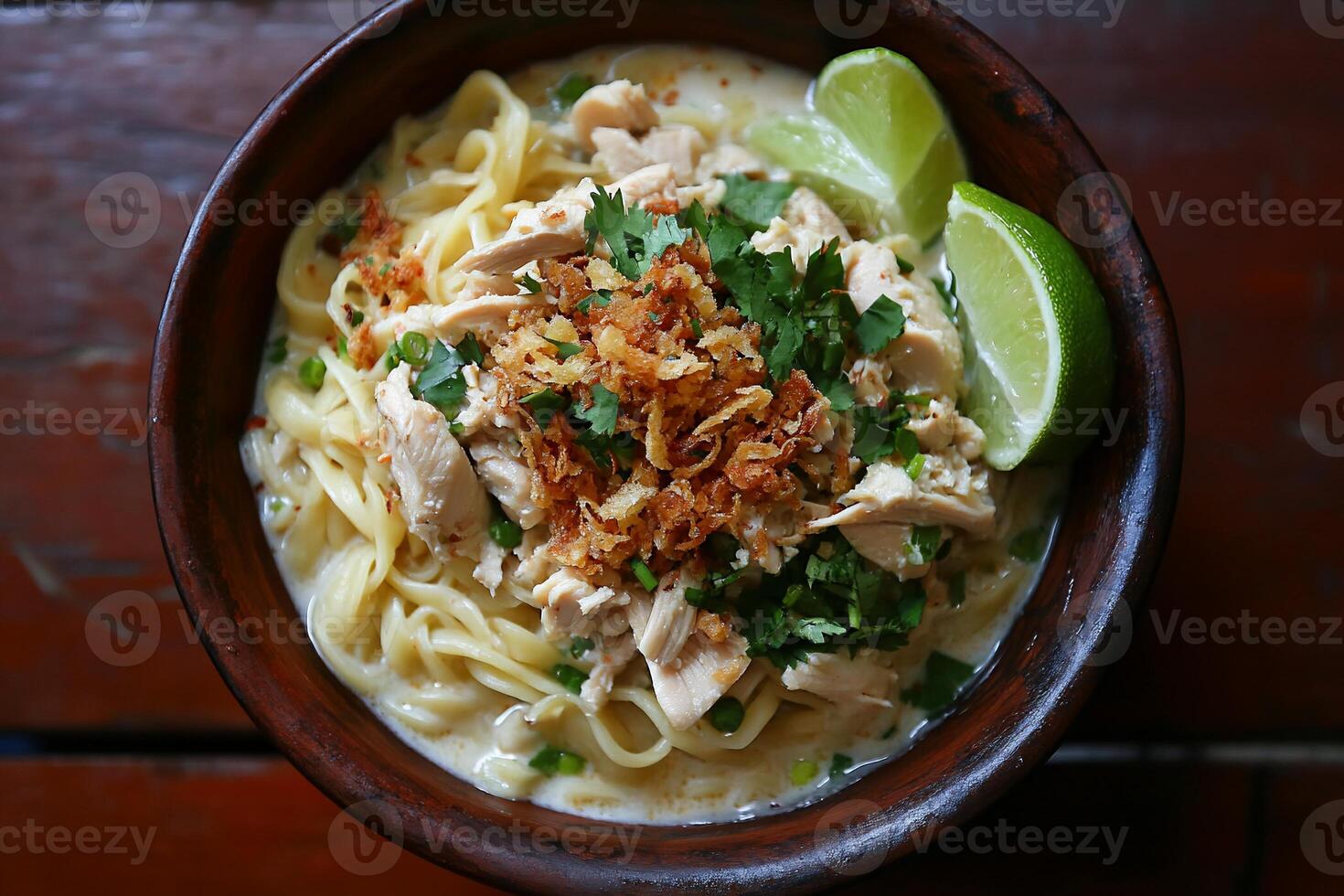 Creamy chicken noodle soup with lime photo