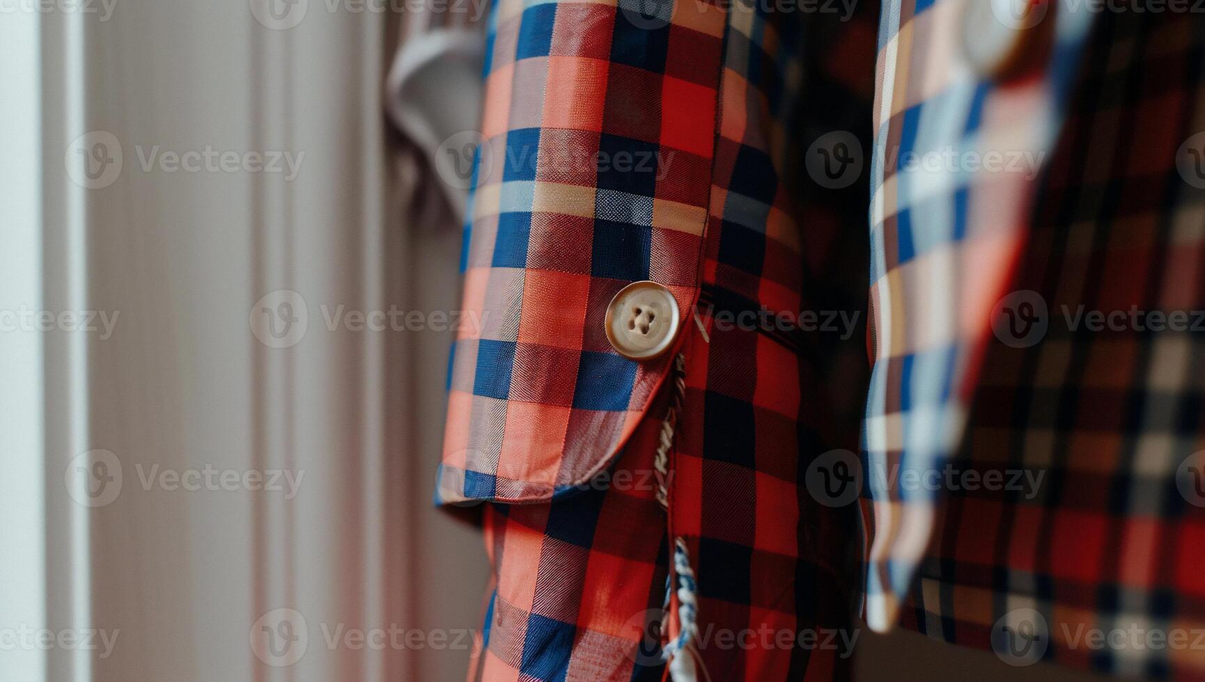 Close-up of a vibrant plaid jacket sleeve with a button photo