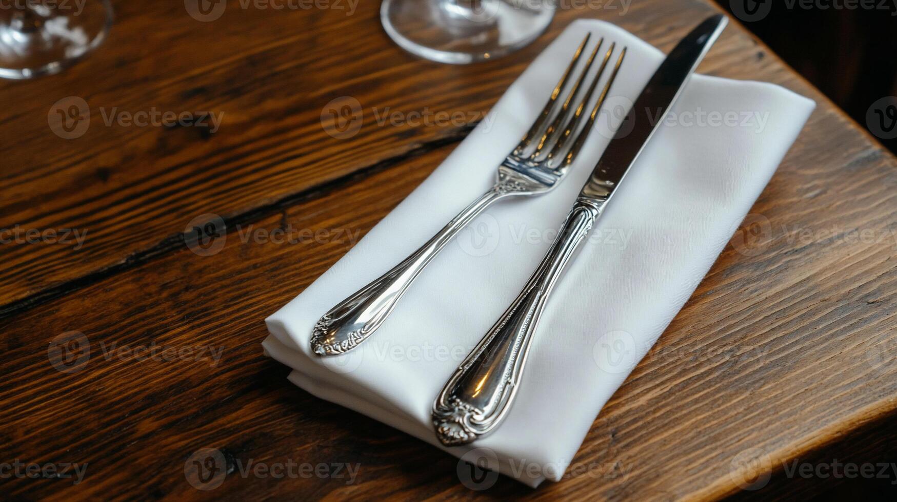 Elegant table setting with silverware and napkin photo
