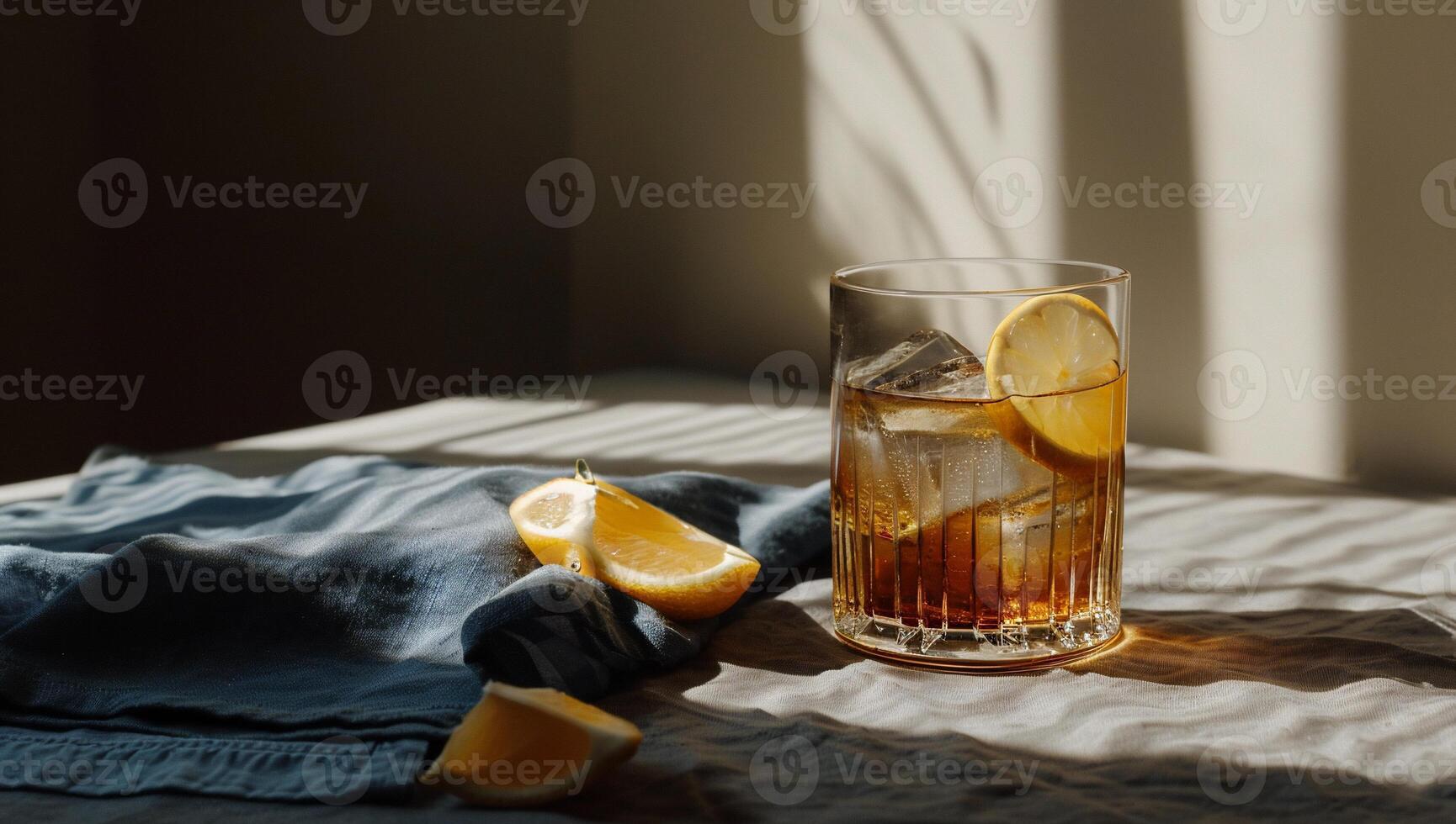 Refreshing iced tea with lemon slices in a glass tumbler photo