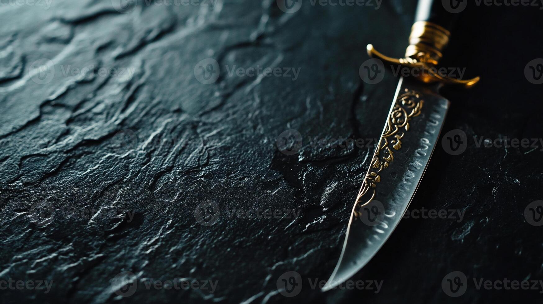 Ornate knife on dark stone surface photo