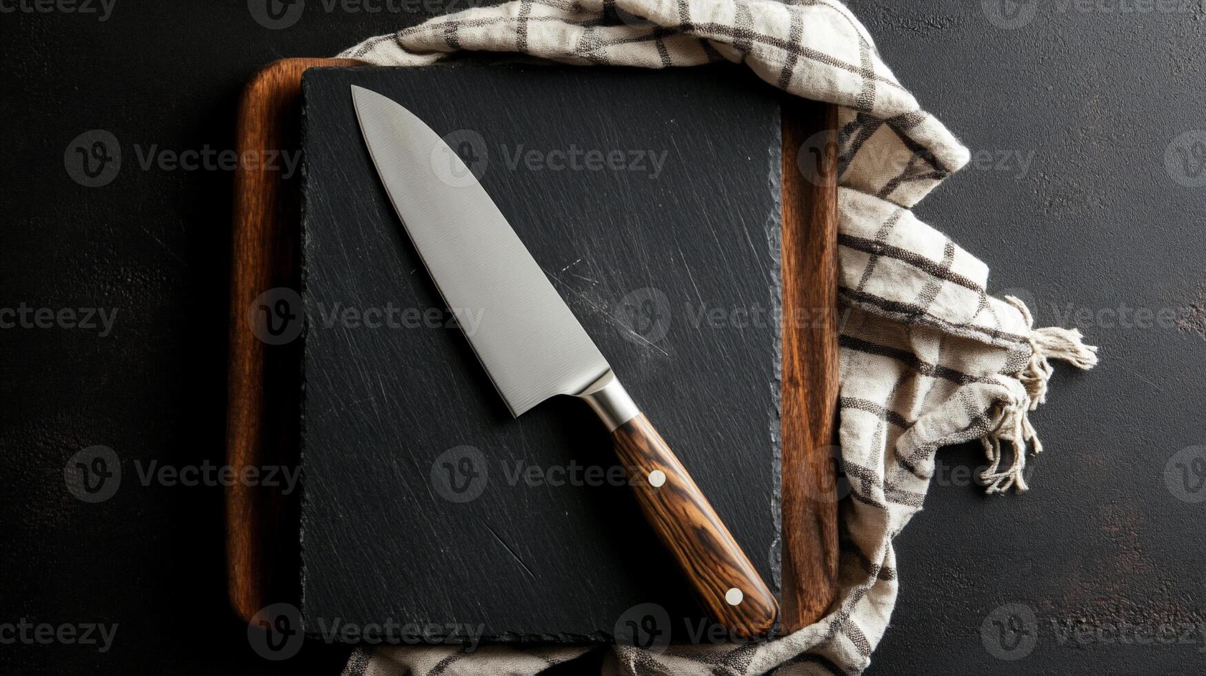 Chef's knife on slate cutting board photo