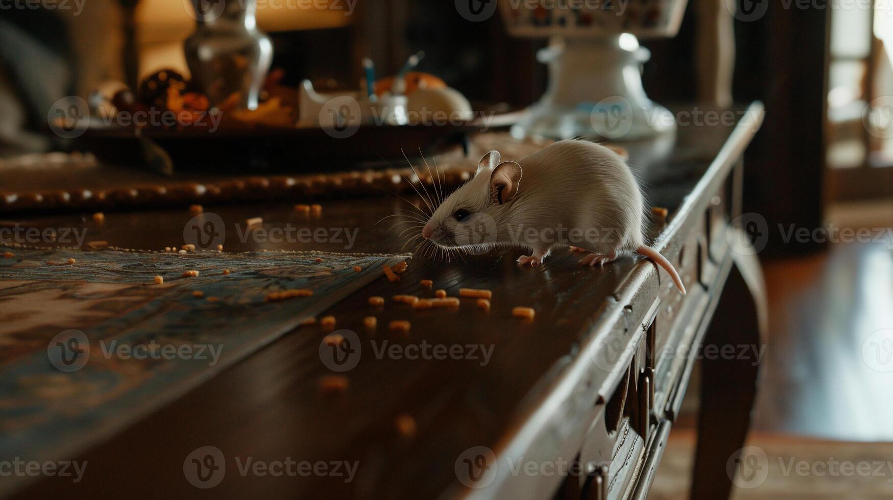 White rat on table eating crumbs photo