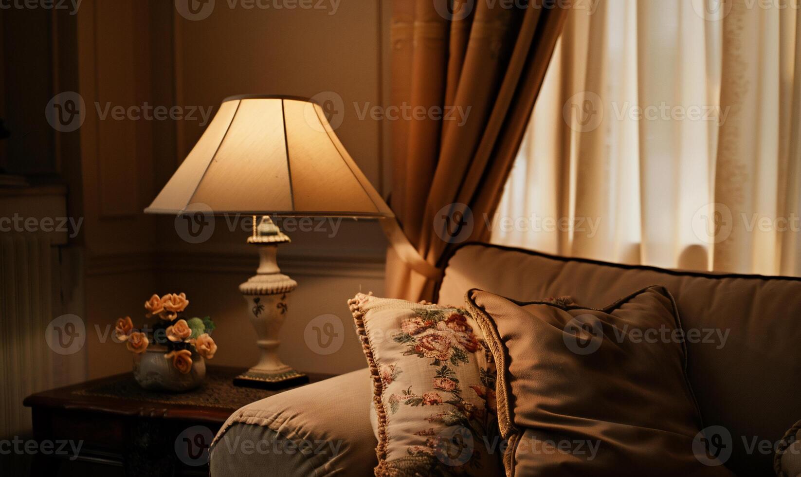 Cozy living room corner, soft lighting, and elegant decor photo