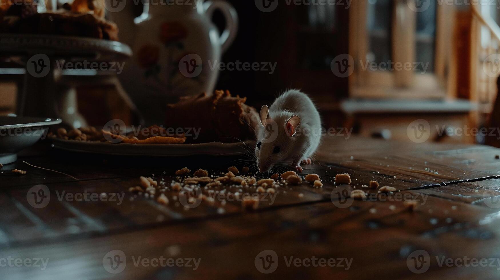 White rat on cluttered table photo