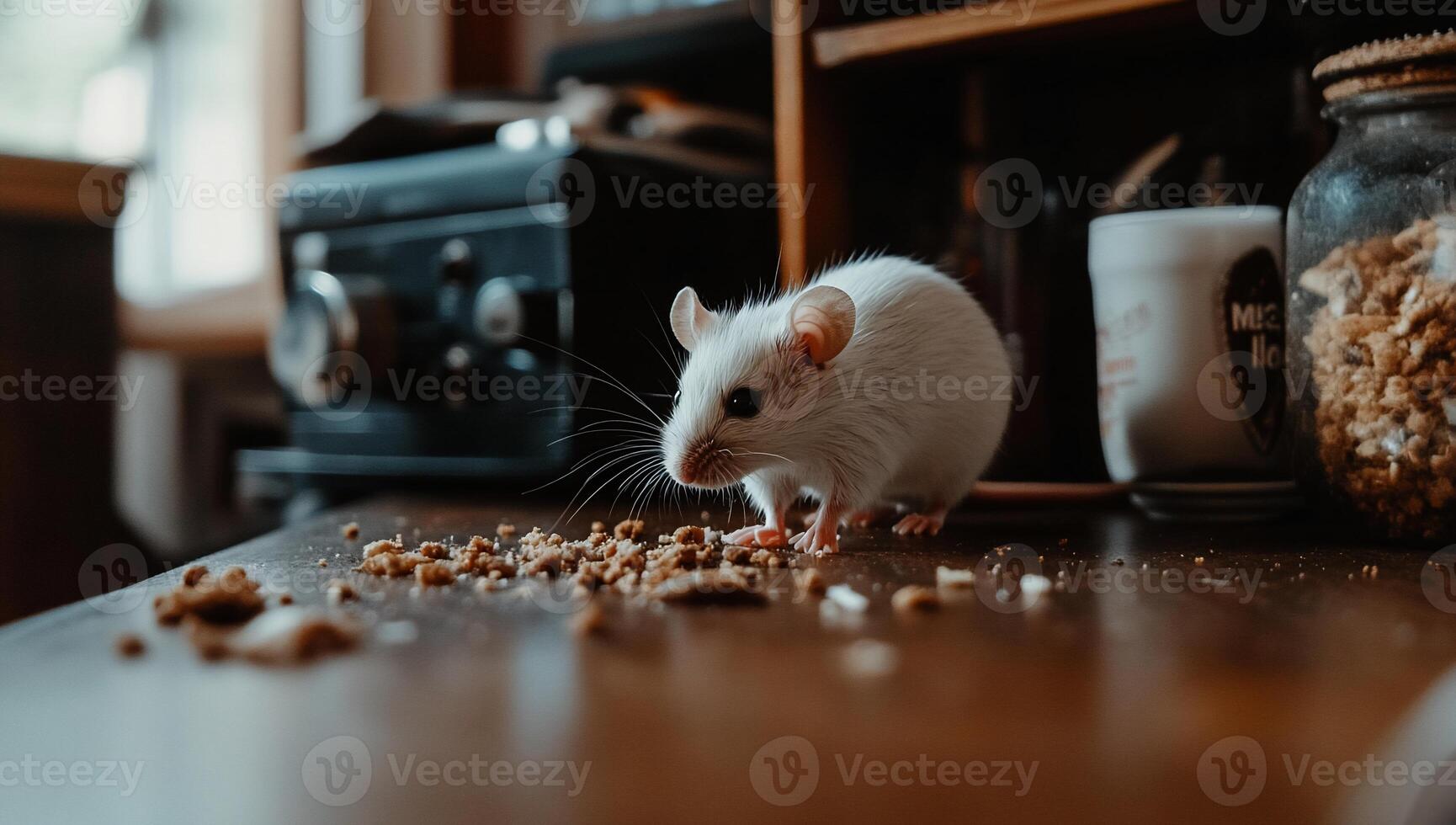 White mouse eating crumbs on a wooden table photo