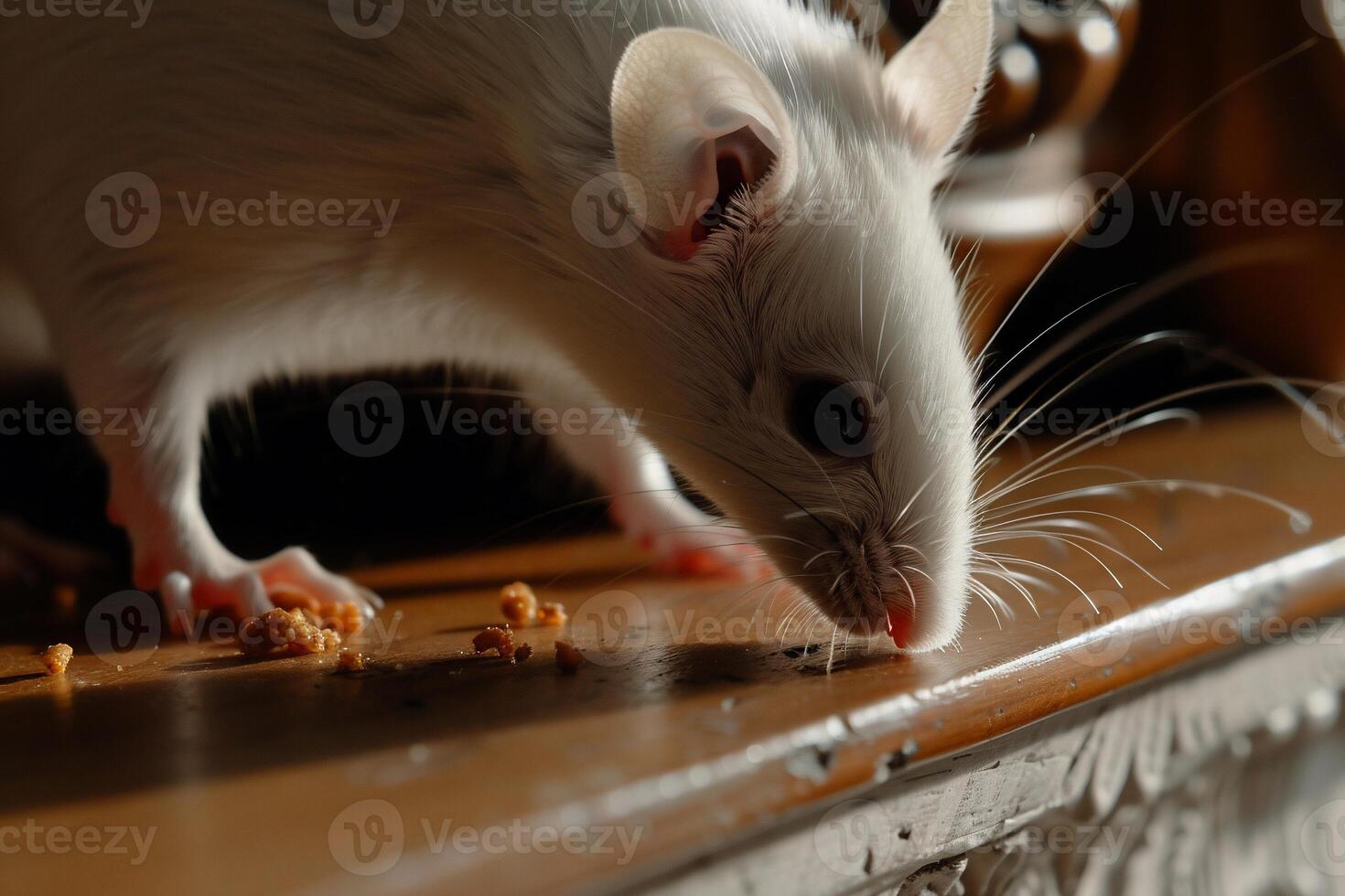 Close-up of a white mouse foraging on a wooden surface photo