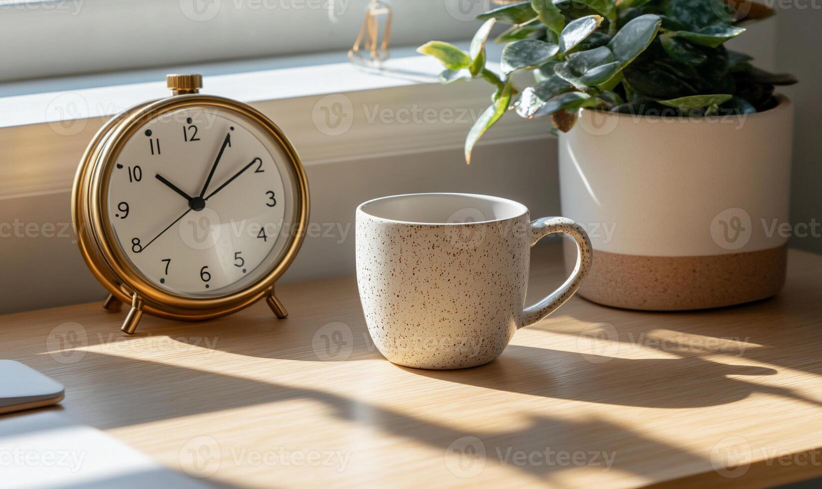 Cozy workspace morning scene. A small gold clock, a speckled mug, and houseplant near a window photo