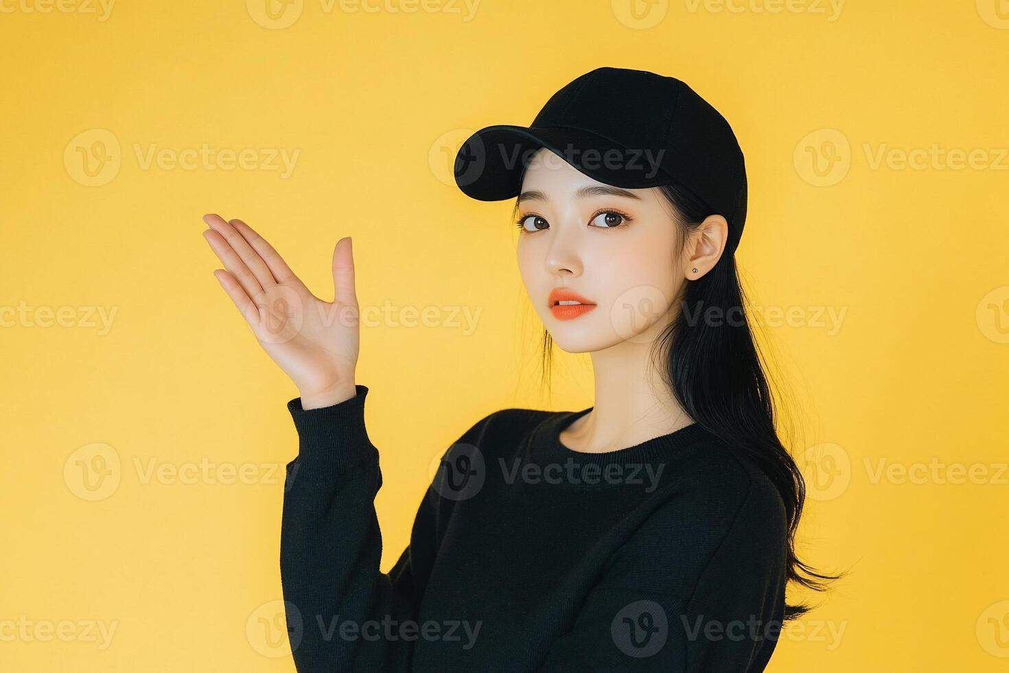 Young woman presenting, casual style photo