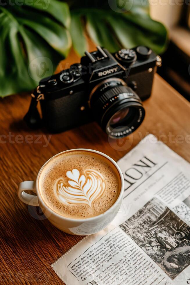 Latte art coffee and newspaper on a wooden table, vintage camera photo