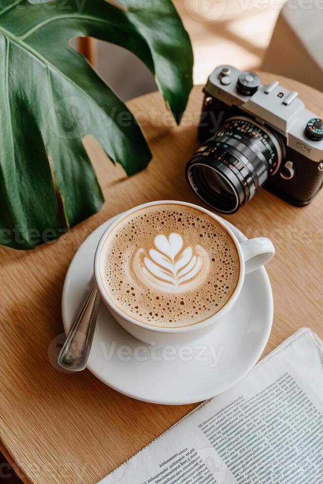 Latte art coffee on a wooden table, with a vintage camera and plant leaf photo
