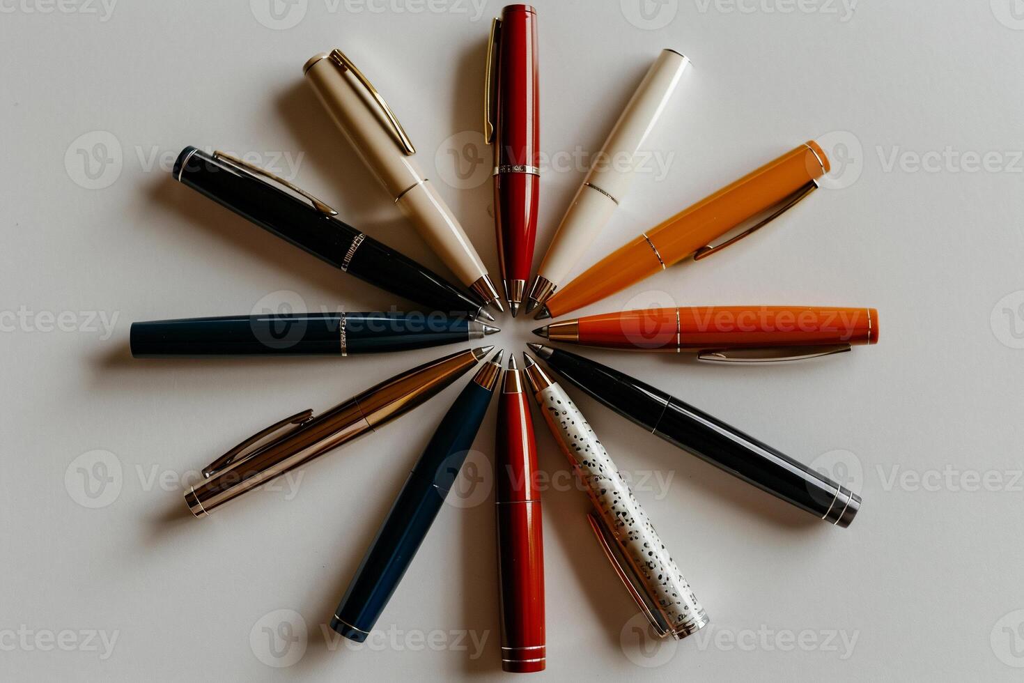 Assorted ballpoint pens arranged in a circular pattern. Various colors and designs photo