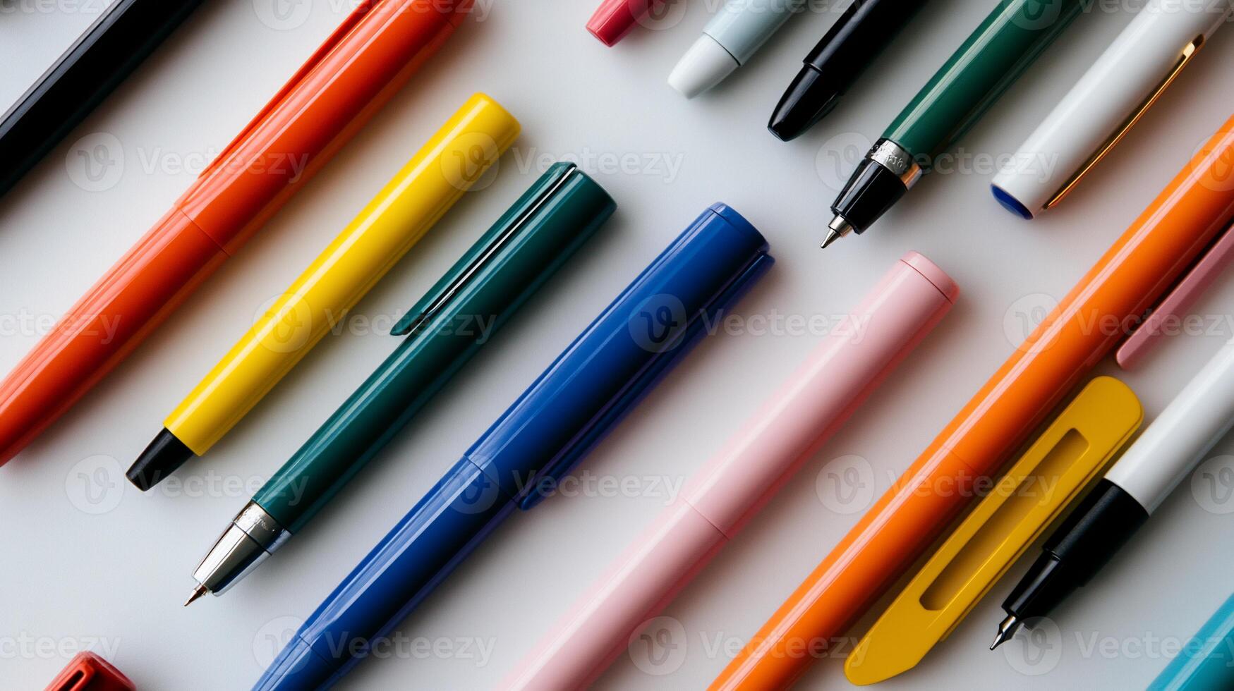 Colorful pens arranged in a geometric pattern on a white background photo