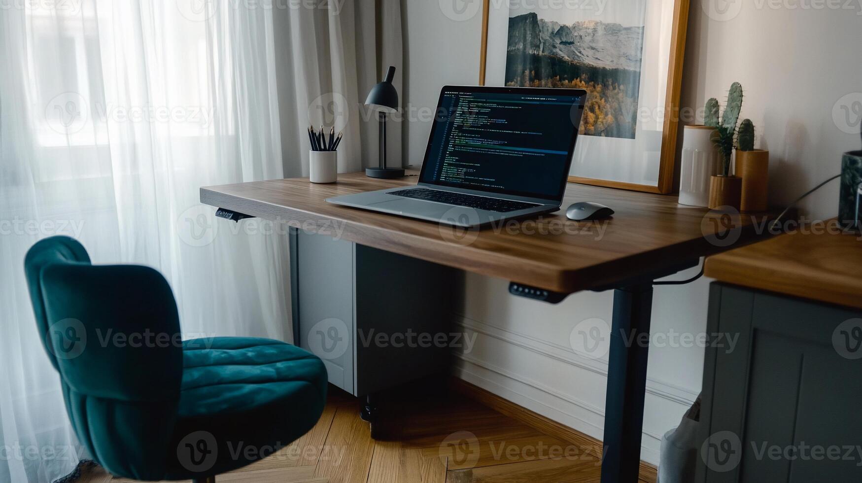 Modern workspace with laptop, adjustable desk, and comfortable chair photo