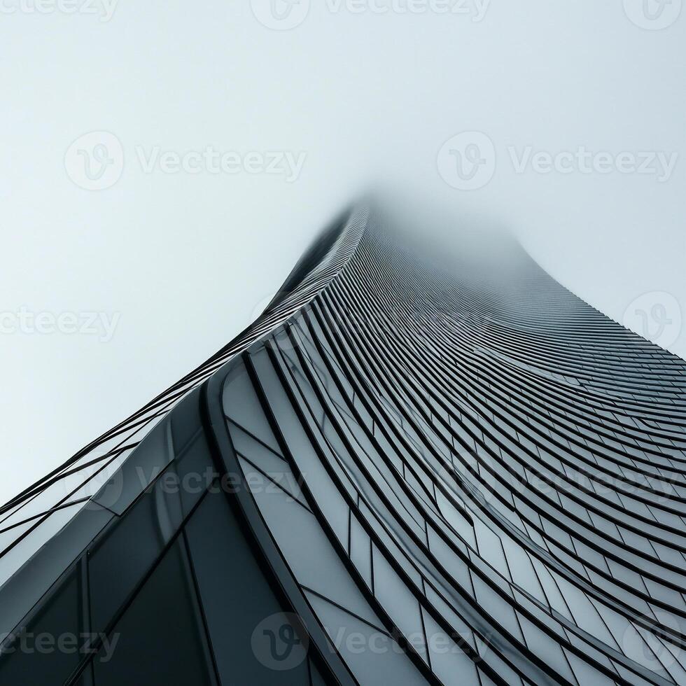 Modern architectural marvel, spiraling skyscraper, shrouded in mist photo