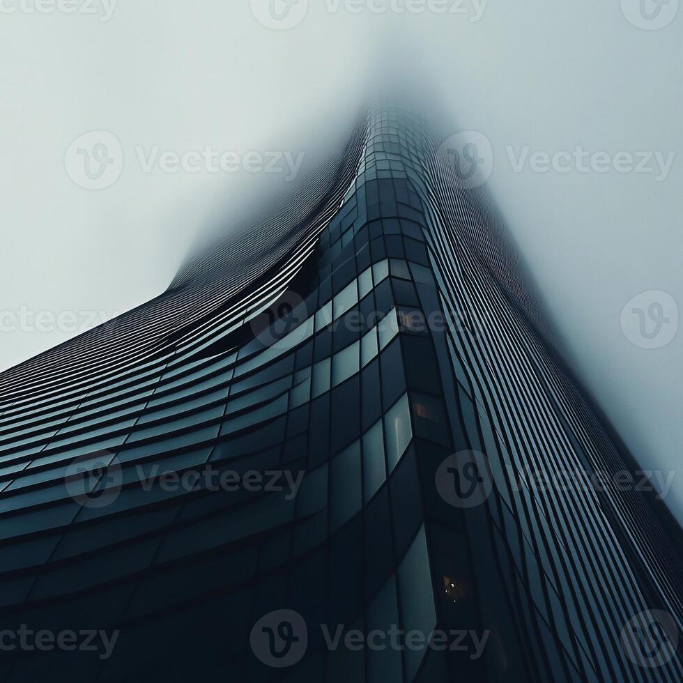 Modern skyscraper shrouded in fog. Exterior architectural details of a high-rise building, angled view, misty atmosphere photo