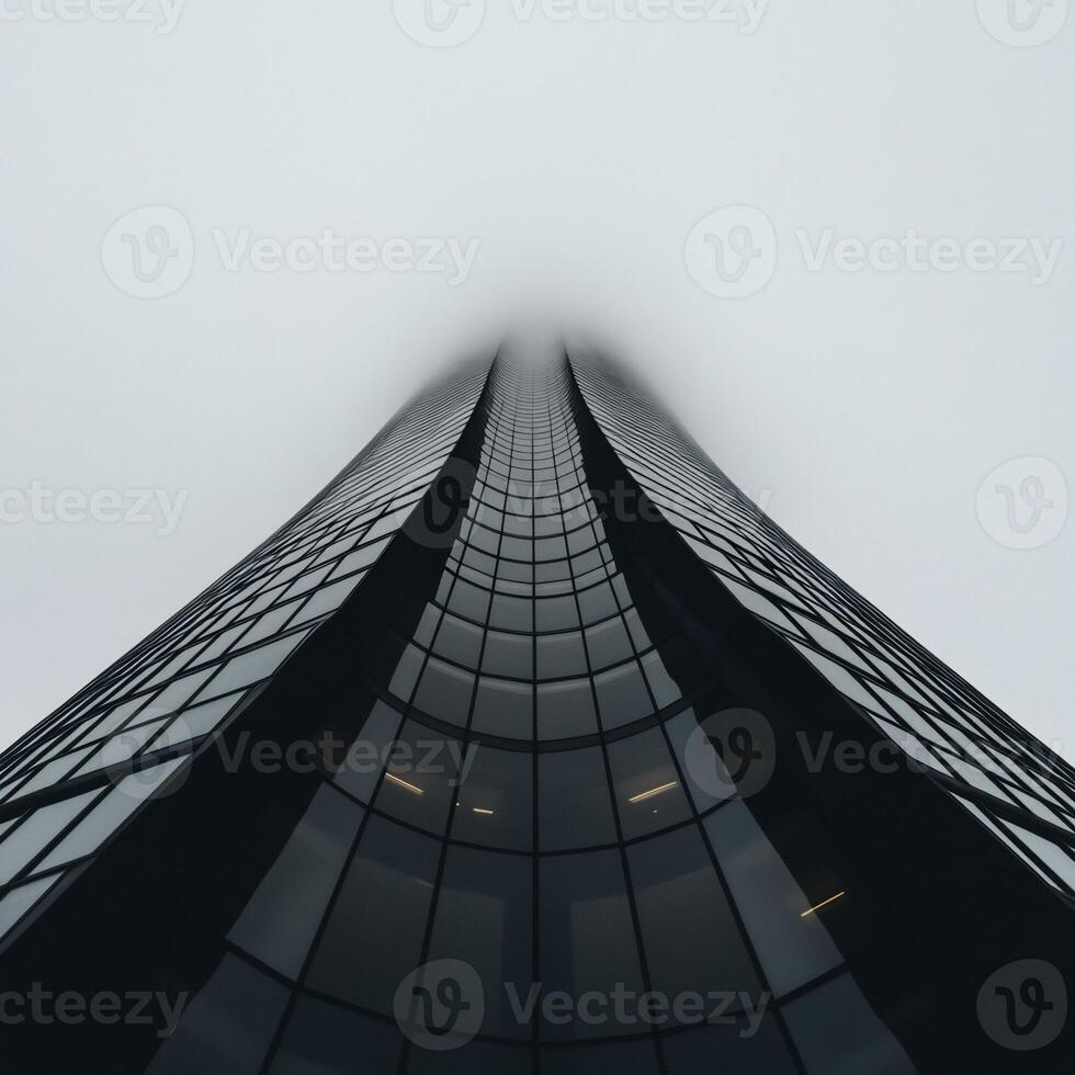 Modern skyscraper, shrouded in mist. Vast, glass-paneled structure, viewed from below, reaching towards a hazy sky photo