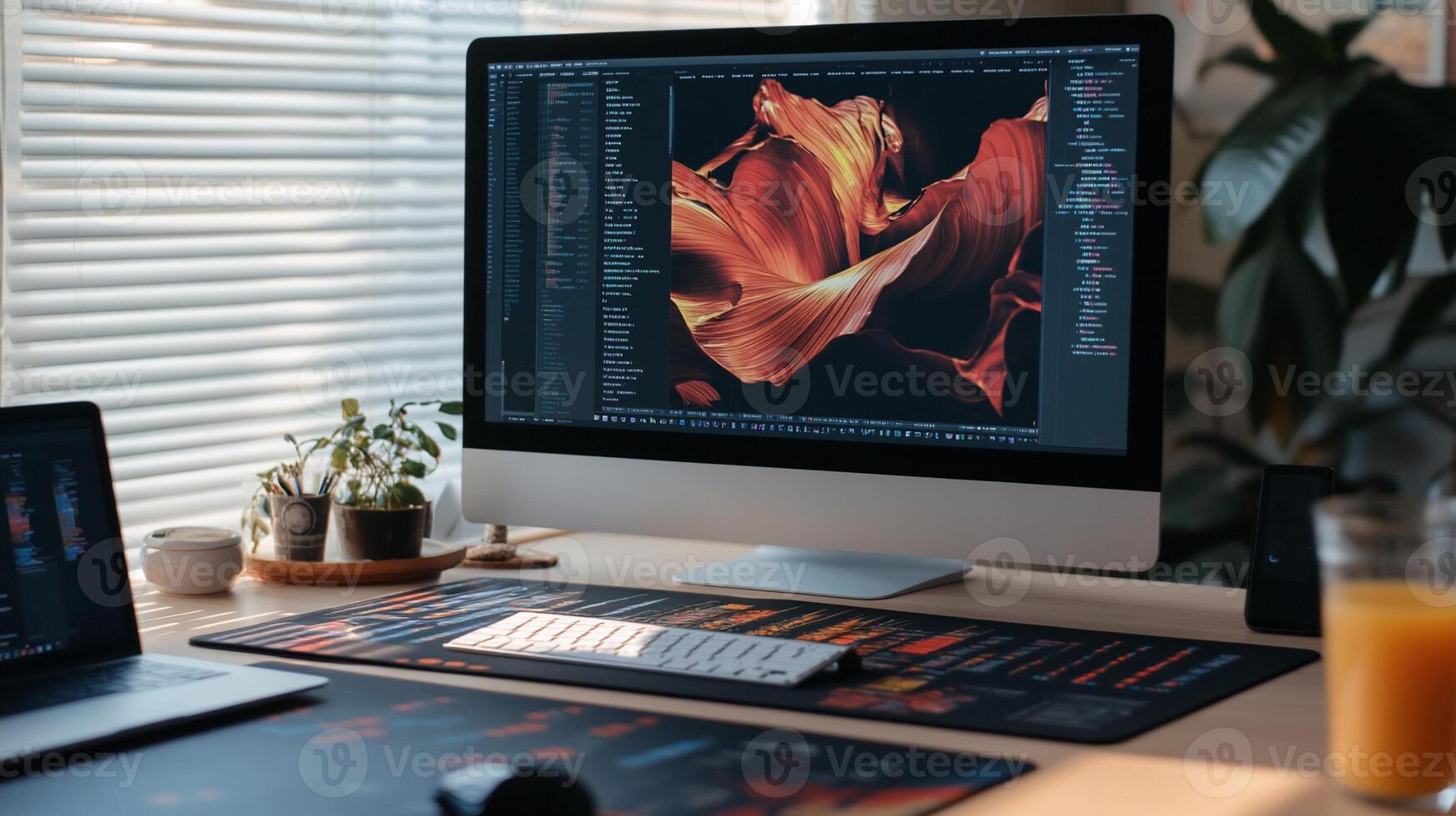 Modern home office workspace with a computer displaying digital art photo
