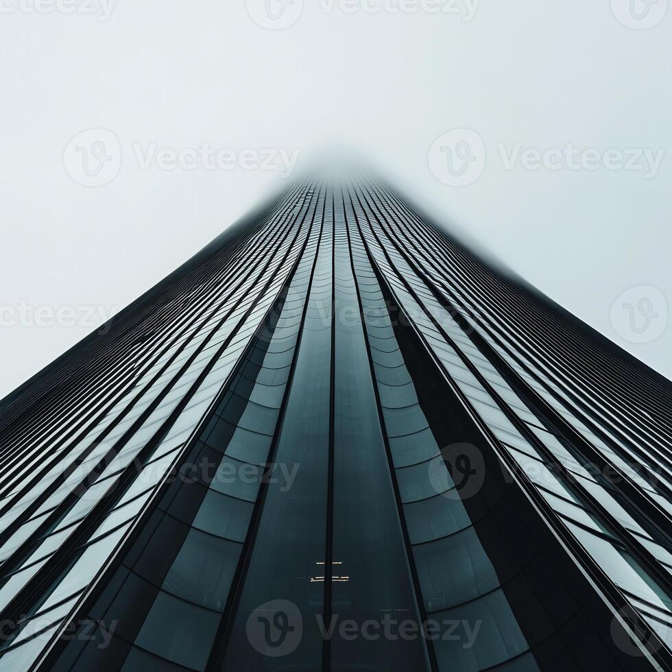 Modern skyscraper reaching into the sky. Foggy, high-angle view photo