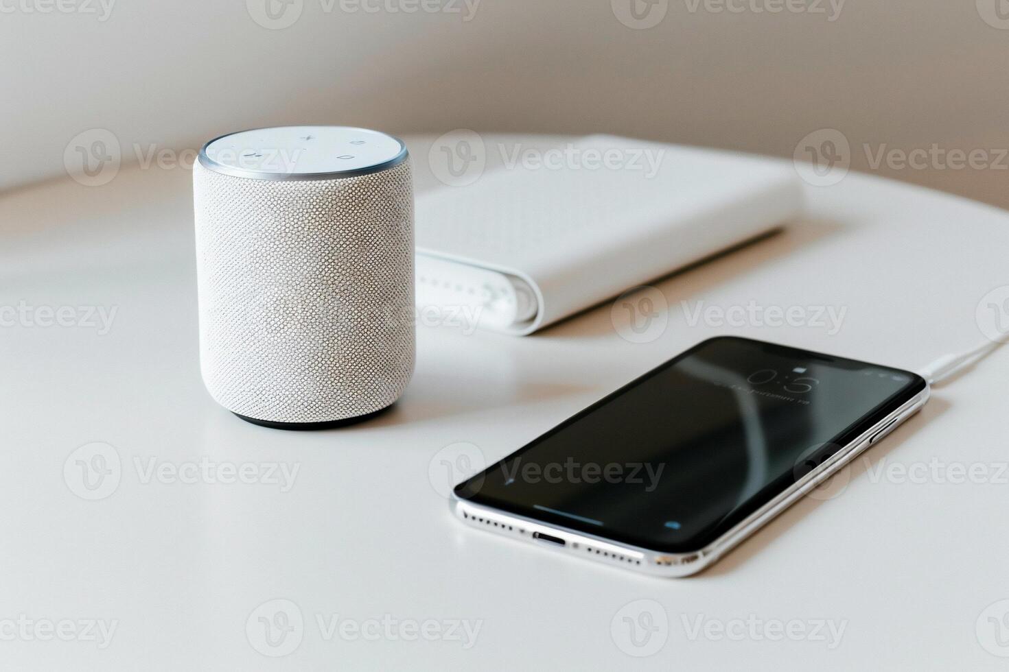 Wireless speaker, phone, and notebook on a table photo