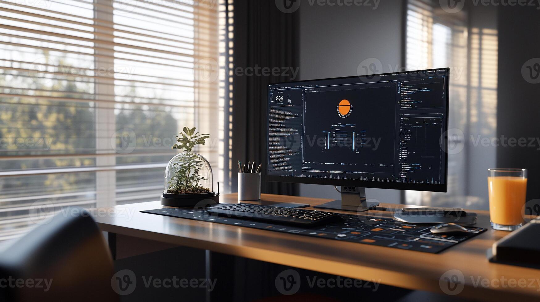 Modern workspace with computer, keyboard, and a drink photo