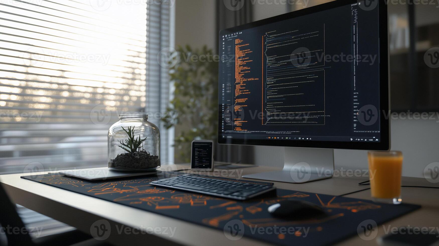 Modern workspace with computer and code photo