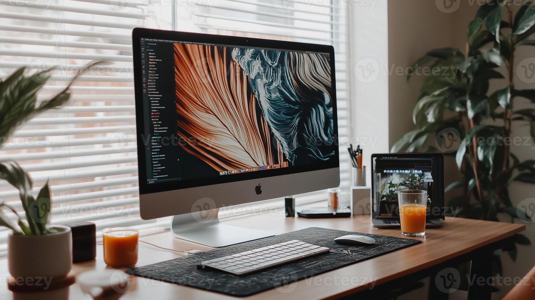 Home office workspace with computer, plants, and accessories photo