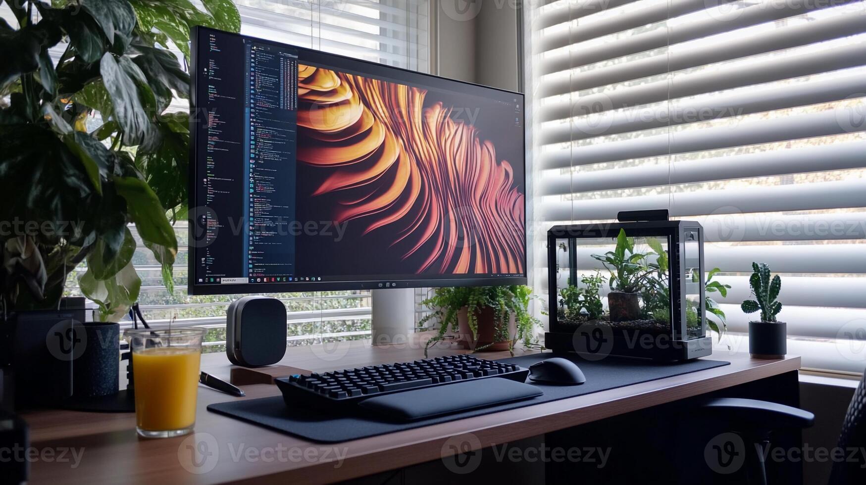 Home office workspace with plants and modern tech photo
