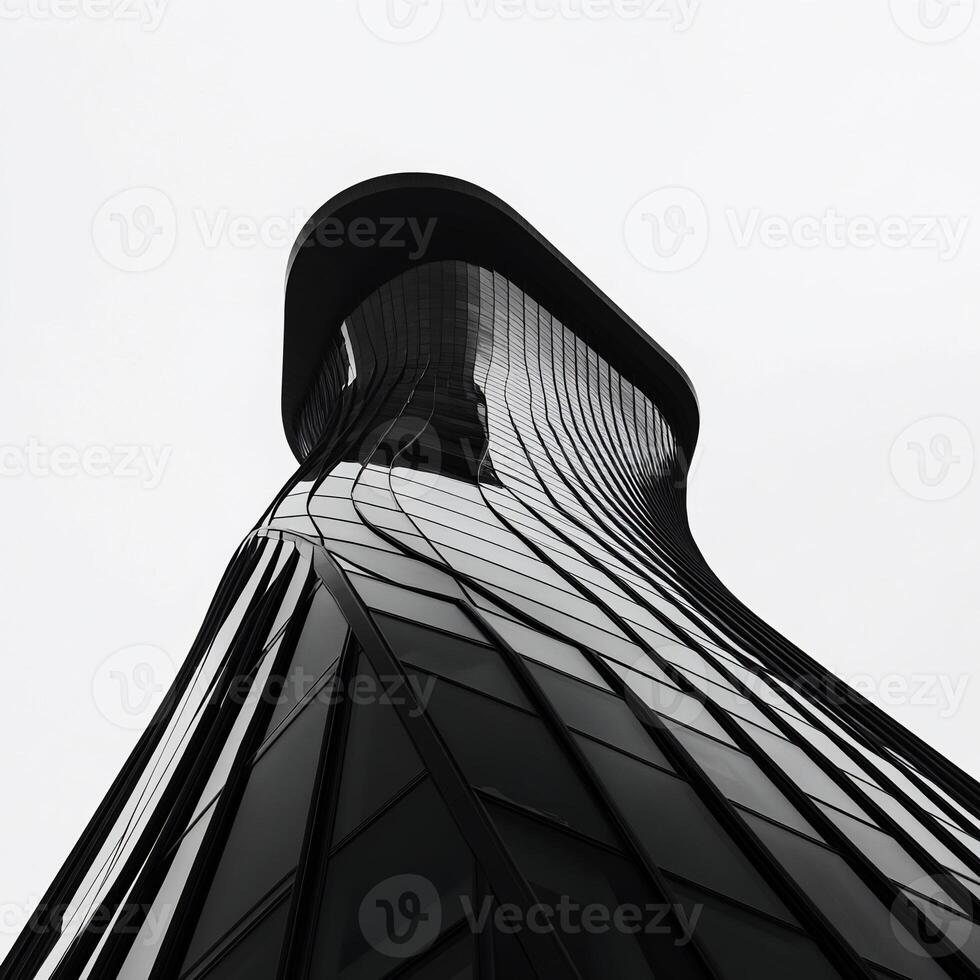 Modern architectural marvel, a black glass skyscraper, curves and lines, reaching towards the sky photo