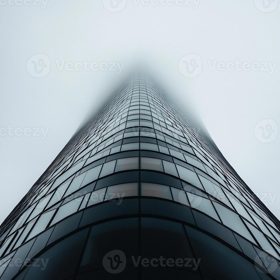 Modern skyscraper rising above fog. Low-angle view of a contemporary glass high-rise building penetrating a hazy atmosphere photo