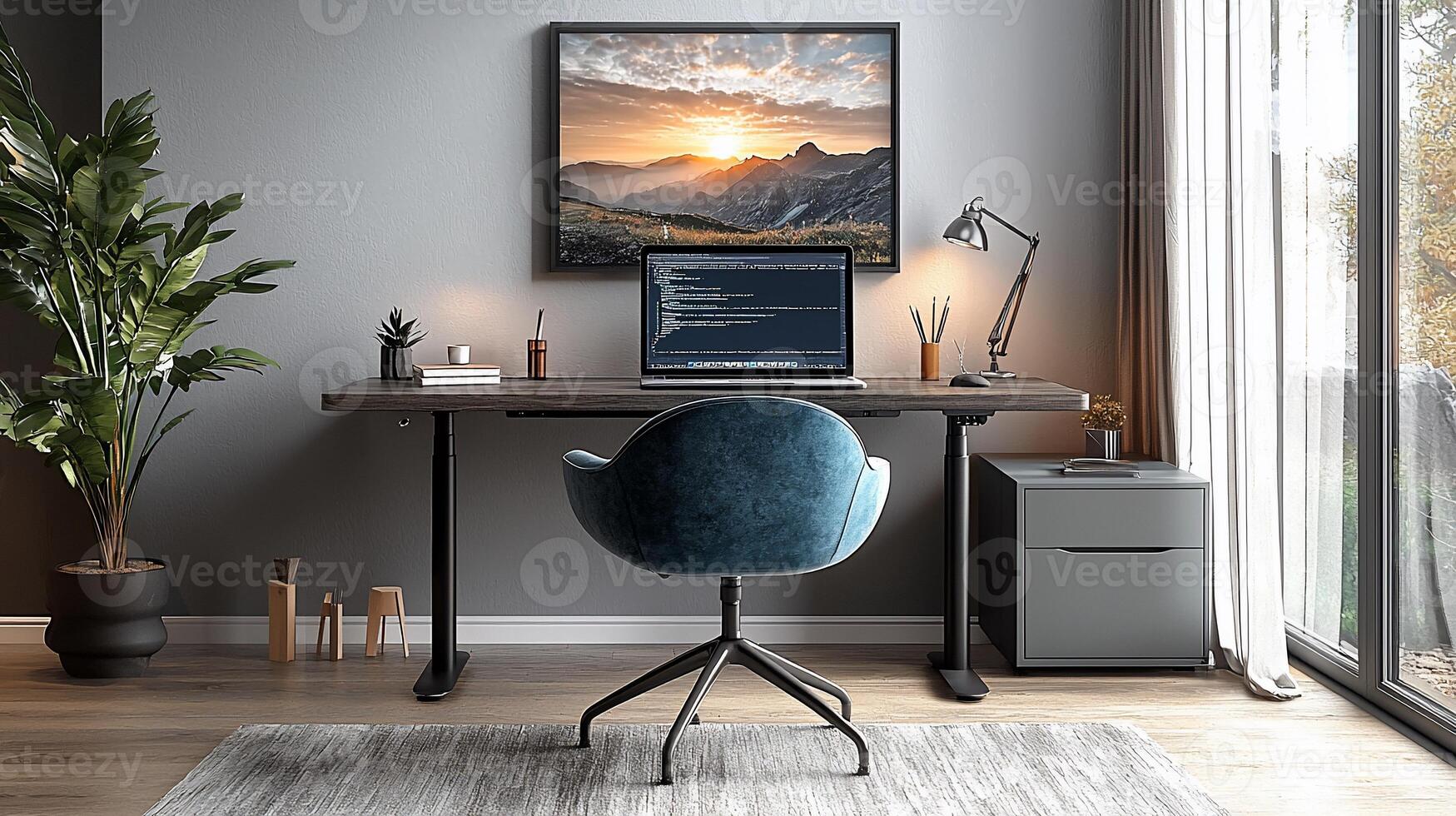 Modern, minimalist workspace with adjustable desk and comfortable chair. Features a framed landscape print, laptop, and organized supplies photo