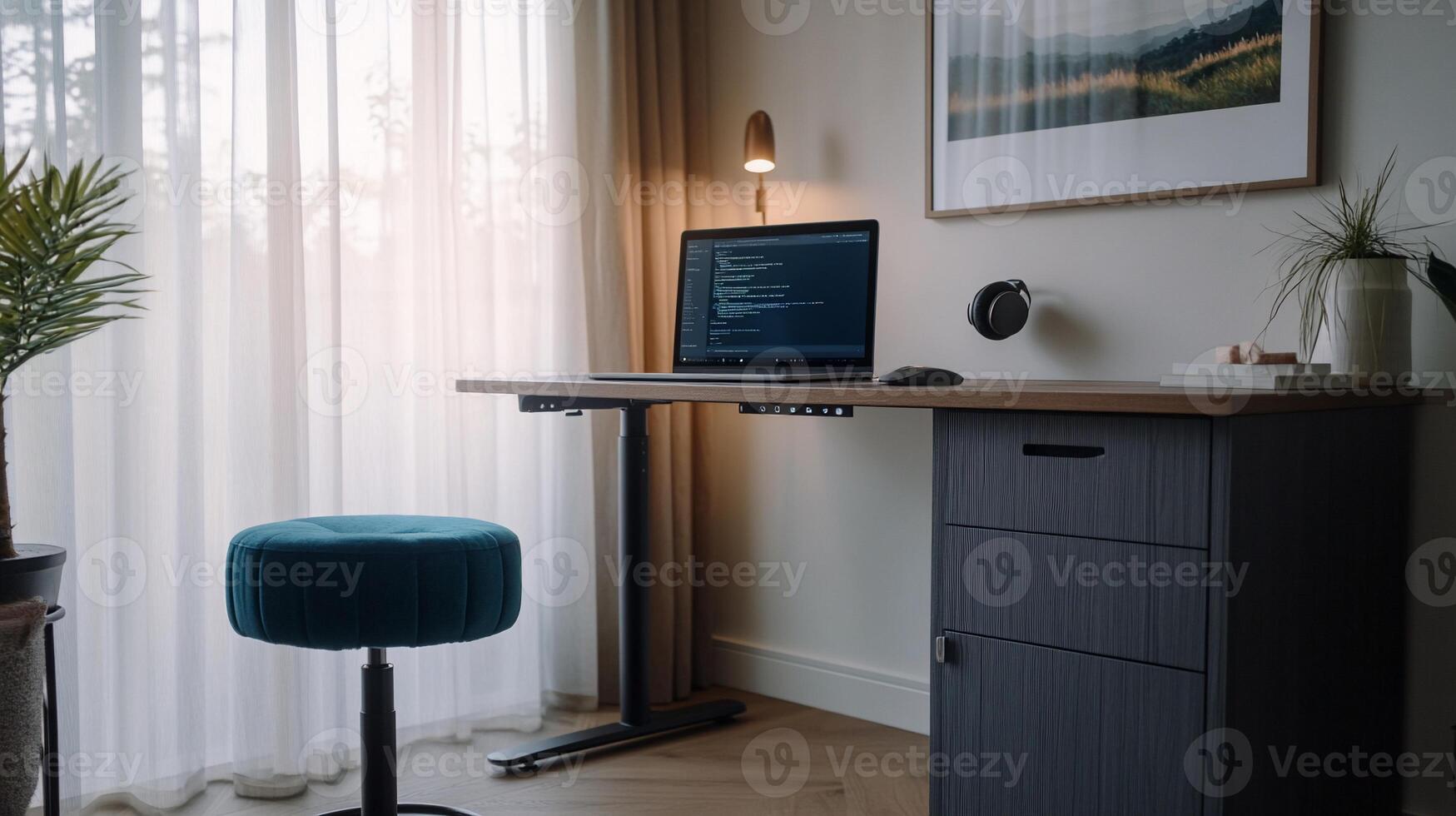 Modern workspace with adjustable standing desk photo
