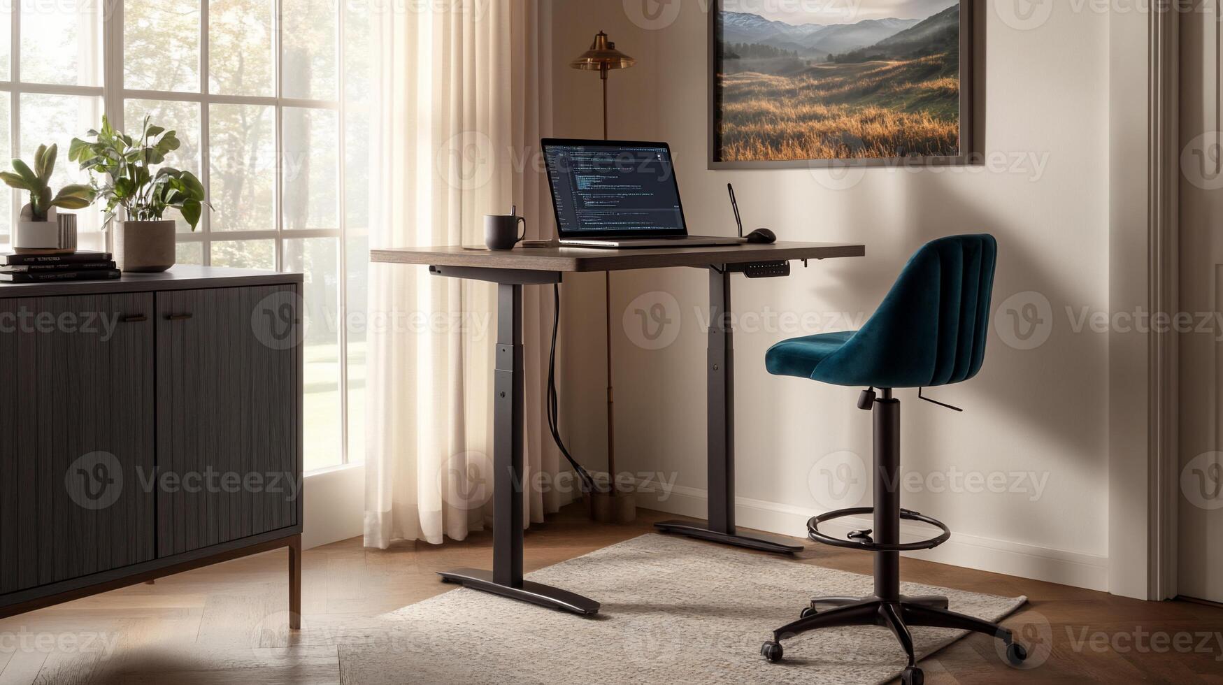 Modern adjustable height desk with stylish chair photo