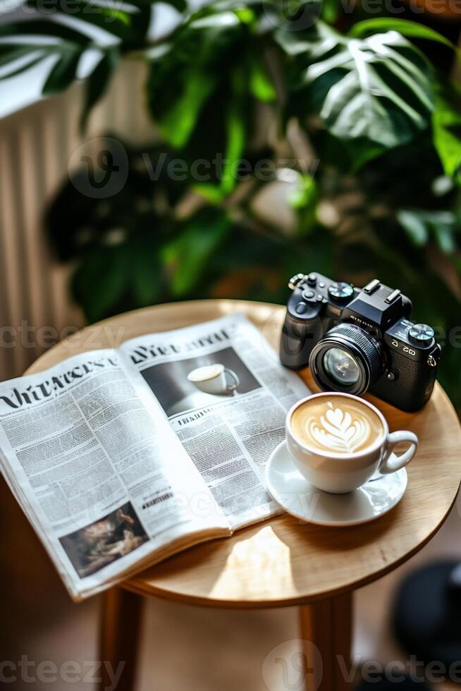 Cozy morning coffee break with newspaper and camera photo