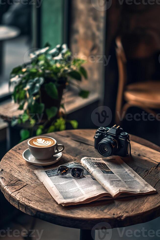Cafe table scene with latte, newspaper, and camera photo