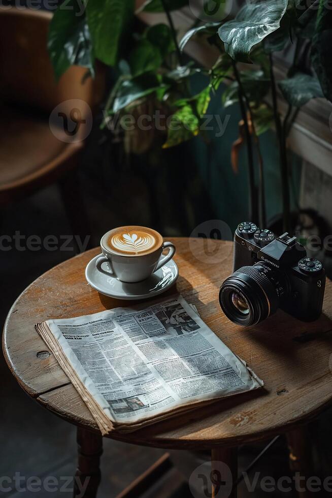Warm coffee, newspaper, and camera on a wooden table. A tranquil scene in a cafe photo