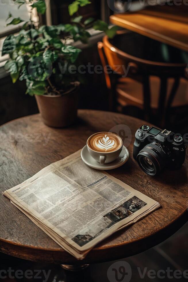 Cozy cafe scene with coffee, newspaper, and camera photo