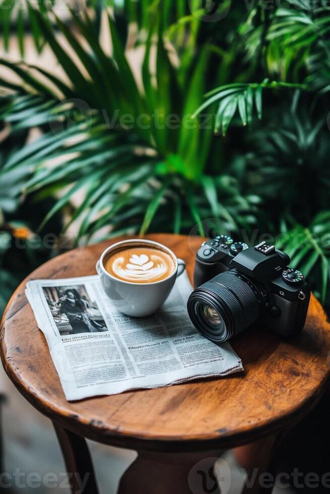 Coffee, newspaper, camera, plants. Relaxing outdoor cafe scene photo
