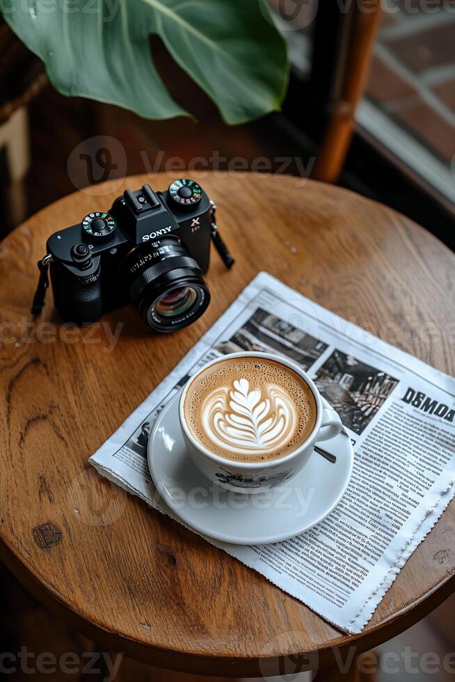 Latte art, camera, and newspaper on a wooden table photo