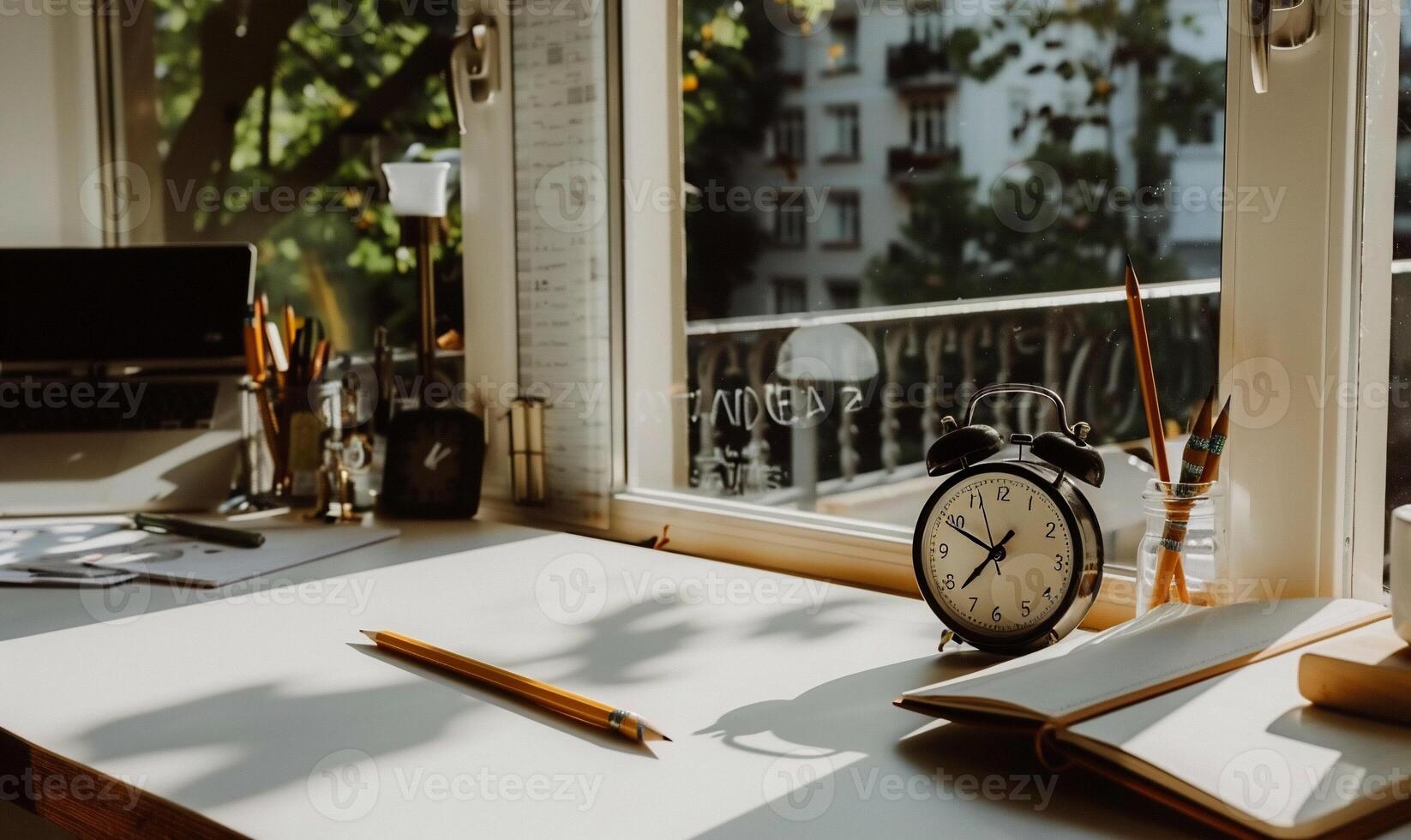 Bright, organized workspace by a window photo