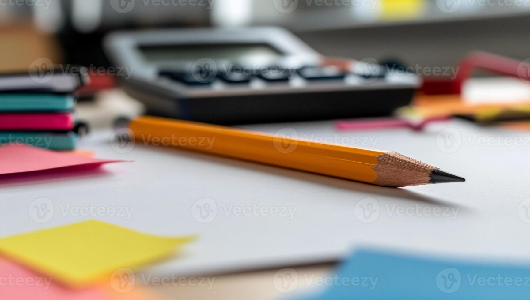 Organized workspace with pencil and sticky notes photo