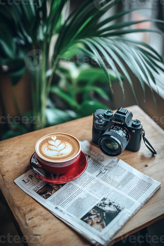 Latte art coffee, camera, and newspaper on a wooden table, surrounded by greenery photo