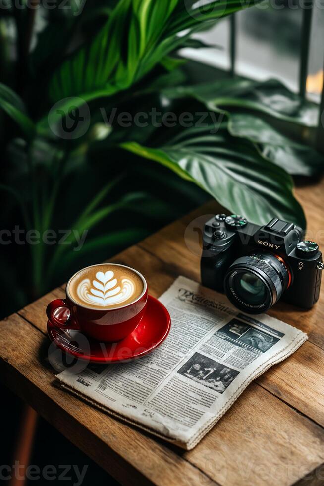 A cup of latte art with a camera and newspaper on a wooden table, surrounded by lush greenery photo